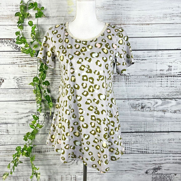 Lori Goldstein LOGO Top Tunic size Extra Small Lilac Green Leopard Pockets Slim - Picture 1 of 13